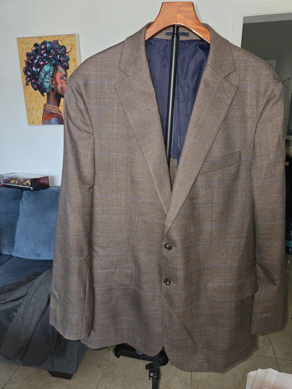 Jos. A. Bank 1905 Brown Blue Windowpane Wool Sport Coat Blazer 48L Tailored Fit